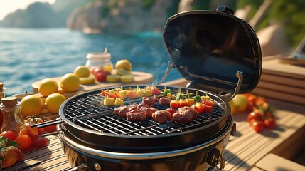 Portable grill on boat. Delicious food. Cooking outdoors in scenic location. Enjoying leisure time. Friends fun. Seaside vacation. Summertime. Scenic views of water, coastline. Warm sunny day with