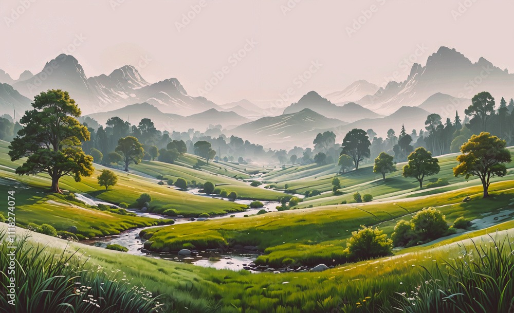 Poster A beautiful landscape with a river running through it. The mountains in the background are covered in trees and the sky is cloudy. The scene is peaceful and serene