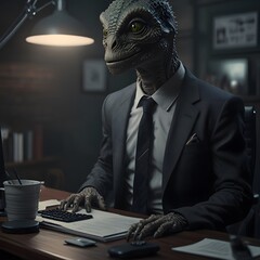 reptilian gentleman in a office room, portrait of a lizard men in business suit , conspiracy theory concept, generative ai , cryptozoology and Alien boss concept 