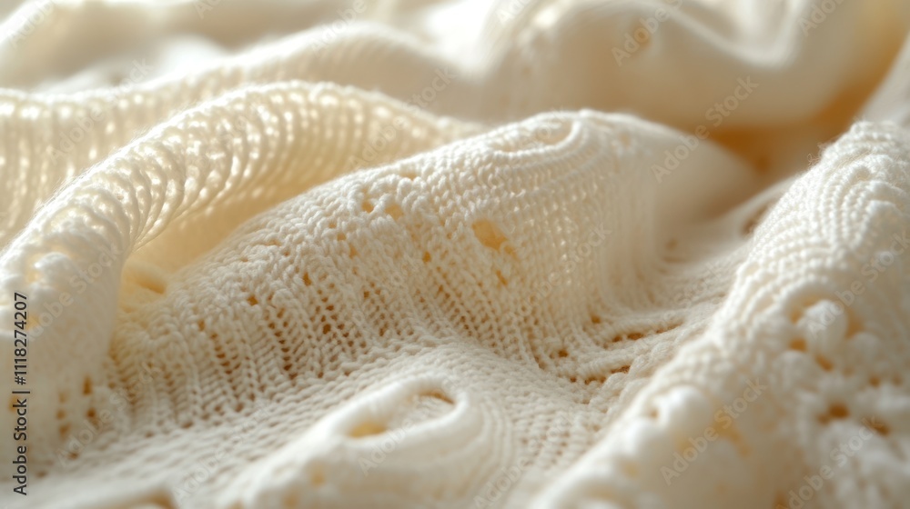 Poster close-up of creamy white knitted fabric with intricate patterns and textures.
