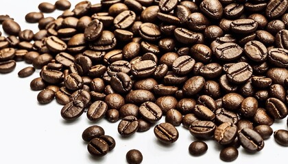 Naklejka premium A pile of roasted coffee beans on a white background. The beans are shiny and uniformly dark brown. AI generated.