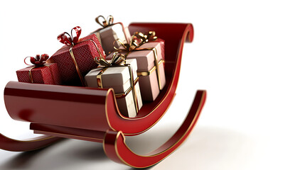 A red sled is filled with presents, including a large white box