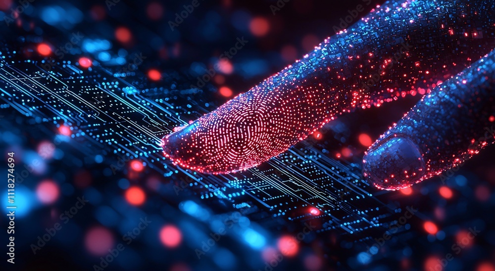 Poster futuristic fingerprint scan digital identity cybersecurity biometric authentication