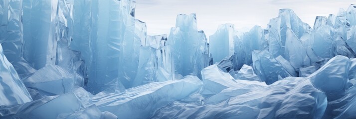 A majestic view of towering blue ice formations under a cloudy sky, capturing the serene yet powerful essence of a frozen natural landscape