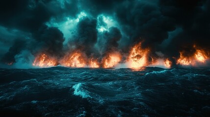 Fiery inferno raging across stormy ocean.