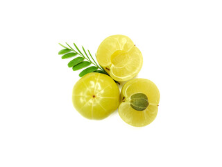 Indian gooseberry fruits (phyllanthus emblica, Amla) and half slice with green leaf isolated on...