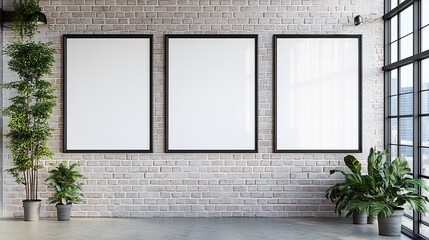 Fototapeta premium Three blank canvases in black frames adorn a rustic white brick wall, flanked by potted plants. A large window reveals a cityscape. Ideal for design mockups.