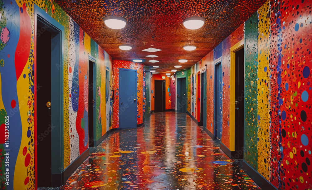 Poster The hallway is a vibrant and colorful space with a lot of light. It is filled with many doors, some of which are open, and the walls are covered in a variety of colors and patterns