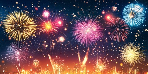 Naklejka premium Spectacular Fireworks Display Over Cityscape at Night