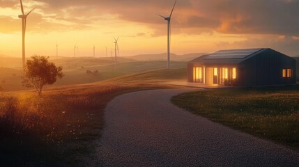 A serene landscape featuring a modern house and wind turbines at sunset.
