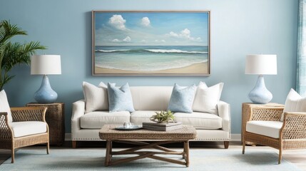 Serene coastal living room with ocean wave painting, white sofa, blue accents, and wicker chairs.