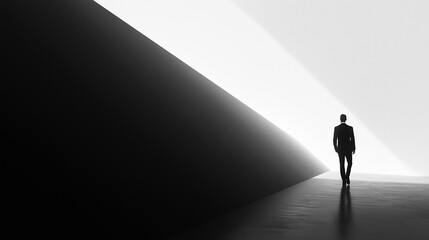Businessman walking towards success in a minimalist space illuminated by light