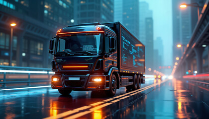 Futuristic truck drives city street. Advanced tech transport vehicle moves in urban environment. Big screen displays data. Modern logistic vehicle in night. High tech transportation concept. Smart