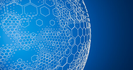 Sphere of hexagons on blue background, 3d illustration