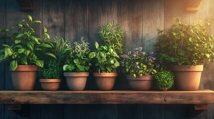 Fototapeta premium Rustic wooden shelf with potted herbs in warm light.