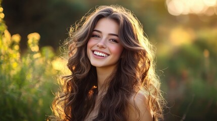 Naklejka premium A beautiful brunette model with long, bouncy curls laughs joyfully, her flawless skin glowing in soft lighting, capturing elegance and charm