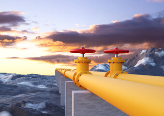Tubes running in the direction of the sunset sky. Fuel industry transportation line connection
