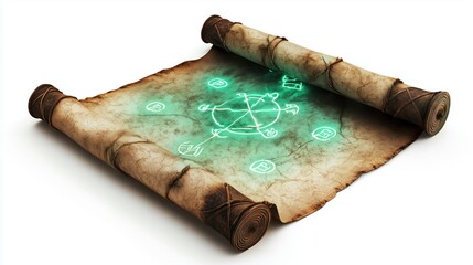 Ancient magic scroll with green glowing runes on a white background