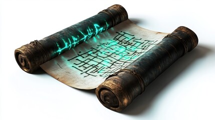 Ancient magic scroll with green glowing runes on a white background
