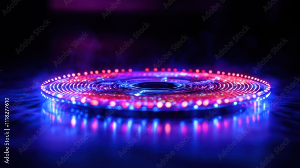 Aufkleber in a dimly lit studio, a robotic ai is generating colorful holographic patterns, emitting a blend of