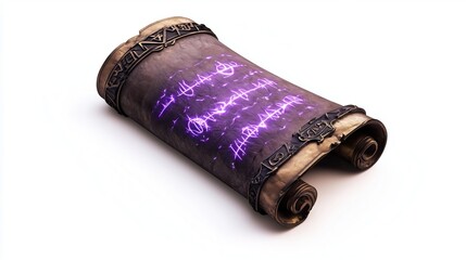 An ancient magic scroll with purple glowing runes on a white background