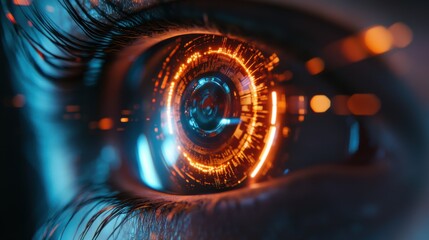 A close-up view showcases an eye with vibrant radial light patterns featuring shades of orange and blue. The intricate details emphasize a futuristic design effect, captivating attention