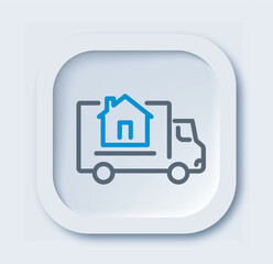 Repair linear icon. Truck with blue home. Imigration and relocation. Minimalistic ui and ux design for website. Outline vector illustration