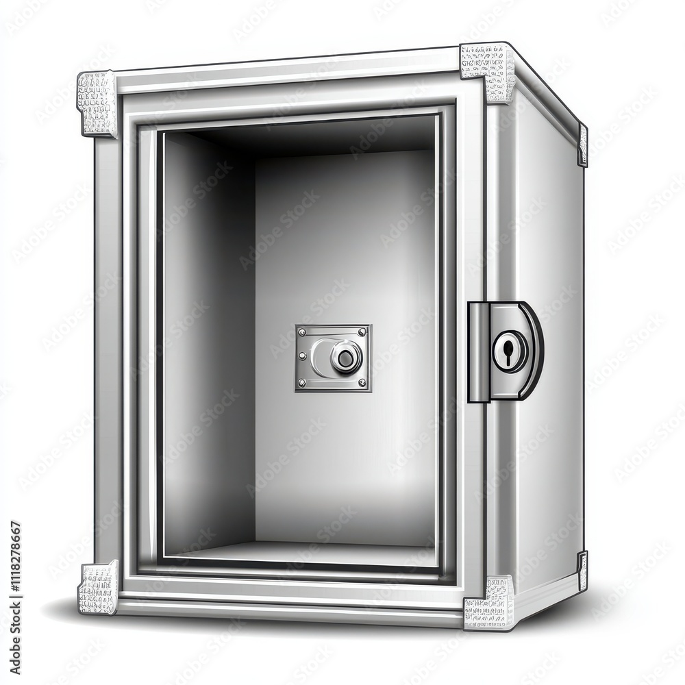 Poster a realistic illustration of an open safe or vault showing empty interior space for security and stor