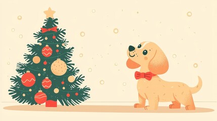Fototapeta premium A cute dog in a bow tie admires a decorated Christmas tree, capturing the festive spirit and joy of the holiday season.
