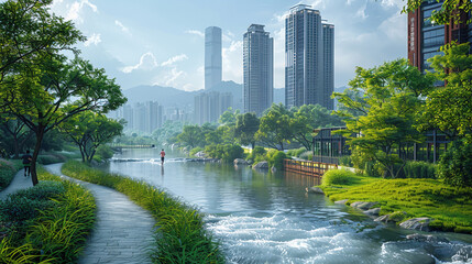 Eco-Friendly Commute: Urban Jogging Alongside a Flowing River