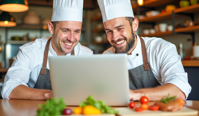 two chefs in the kitchen are looking at a laptop and discussing a recipe for a dish
