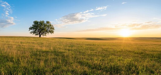 Fototapeta premium A serene landscape with a lone tree at sunrise over grassy fields.