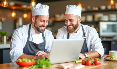 two chefs in the kitchen are looking at a laptop and discussing a recipe for a dish