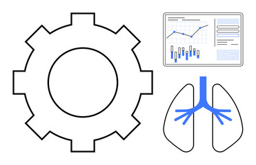 Obraz premium Large gear icon, data analytics screen with charts, and simple lung diagram. Ideal for medical technology, healthcare analytics, data visualization, system processes, respiratory research, technical