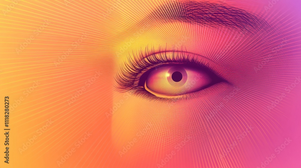 Poster The close-up of an eye features vibrant colors and scanning radial light emanating from the iris, creating a captivating visual with intricate details and depth that mesmerizes viewers