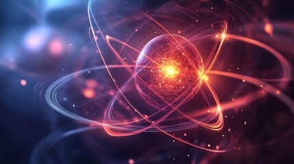 Obraz premium Abstract atom model with glowing energy orbits. Perfect for science, technology, or energy concepts.
