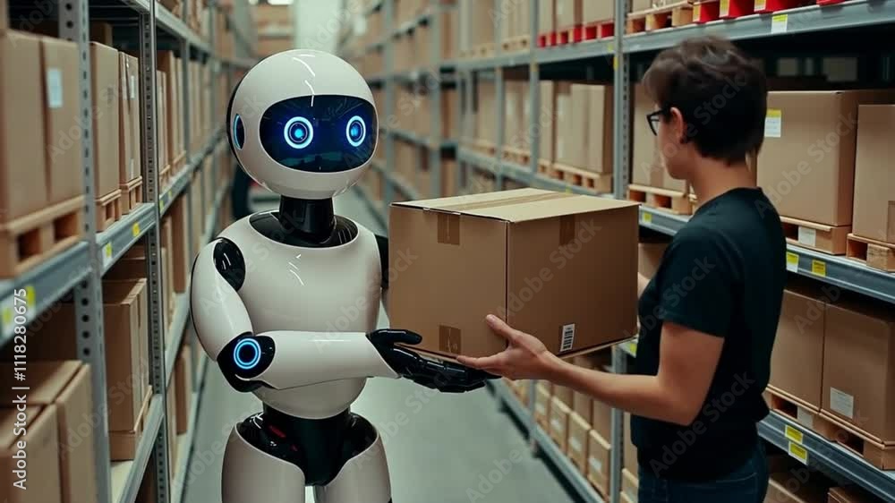 Poster a humanoid robot assists a warehouse worker by handing over a box in a modern storage facility. conc