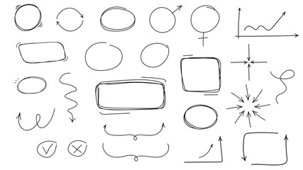 Sketch arrows and frames. Hand drawn arrow, doodle divider and circle, oval and square frame vector set.