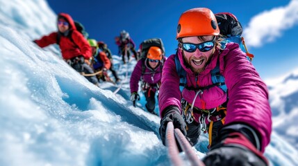 A vibrant scene of mountaineers conquering a snowy slope in bright sunlight, capturing the essence of teamwork and determination as they navigate the challenges of high-altitude climbing.