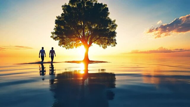 A pair of people admires the beauty of a solitary tree in the middle of calm waters. Concept of nature's elegance, connection, and mindfulness.