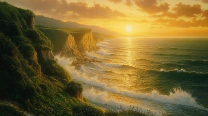 Dramatic sunset over rugged coastal cliffs with crashing waves.