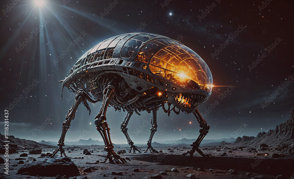 Poster a robot is walking on a rocky surface in the dark. the robot is made of metal and has a large, glowi