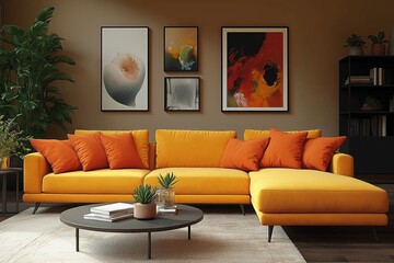 Modern living room interior design features coral terracotta sectional sofa with orange cushions. Dark beige walls, abstract art pieces adorn space. Round coffee table with books, plants adds to
