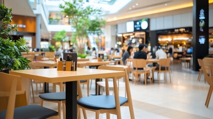 A vibrant food court with tables and people dining in a mall.
