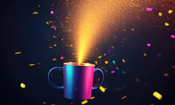 Colorful confetti bursts from a vibrant mug, celebrating joy and festivity.