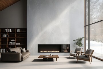 Modern living room featuring light grey marble-like wall. Stylish furniture includes brown leather sofa, wooden coffee table, two light grey armchairs. Fireplace with modern design, wooden logs