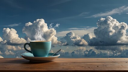 Inspiration creativity concepts with a cup of coffee on wood bar table with some cloud on blue sky color background