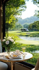 Fototapeta premium Luxury RV travels: Scenic golf course view delight.