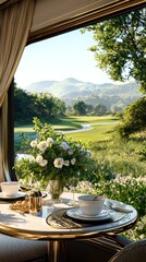 Fototapeta premium Luxurious train window view of scenic golf course landscape