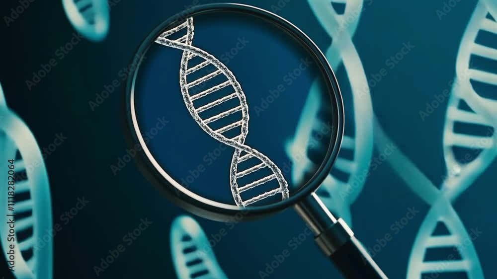 Poster a magnifying glass focuses on a detailed dna strand against a backdrop of double helix structures. c